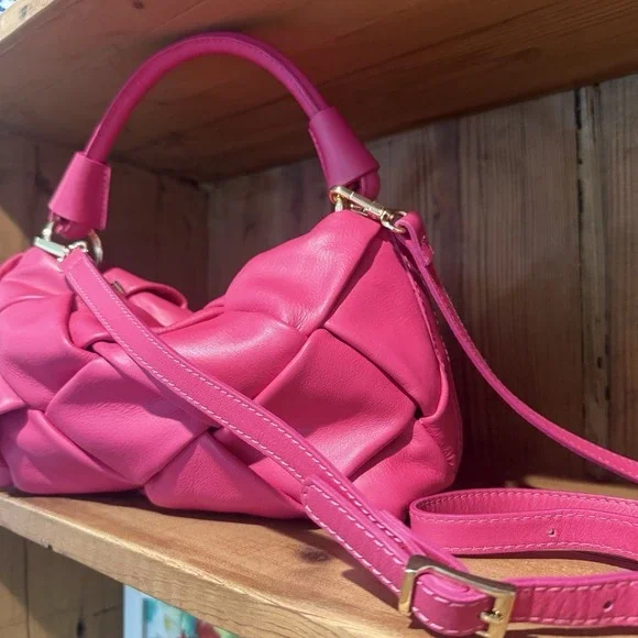 Valentina Fiore Italian Leather Magenta Woven Hand Shoulder‎ Bag Purse Handmade - Picture 5 of 10